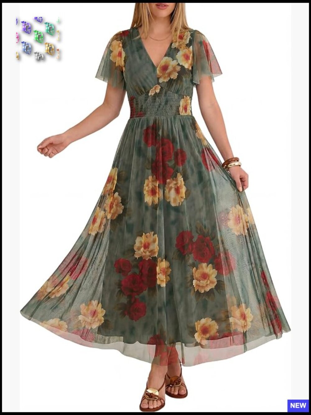 Floral Maxi Dress Boho Tulle V-Neck Short Sleeve Wedding Guest Party Elegant